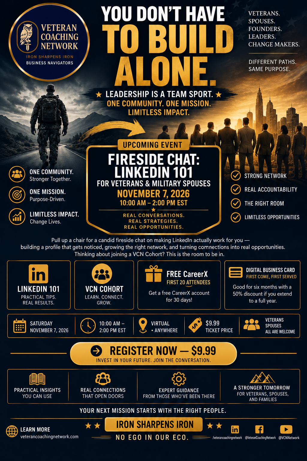 Fireside Chat: LinkedIn 101 for Veterans & Military Spouses flyer — November 7, 2026.